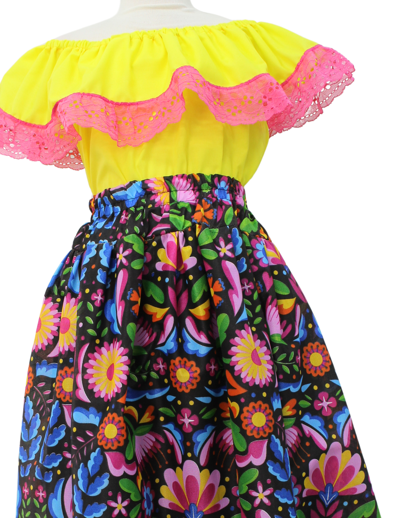 SET FALDA ADELITA FLORES BLUSA CAMPESINA AMARILLO ENCAJE ROSA