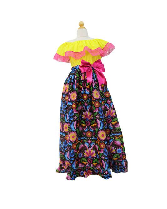 SET FALDA ADELITA FLORES BLUSA CAMPESINA AMARILLO ENCAJE ROSA
