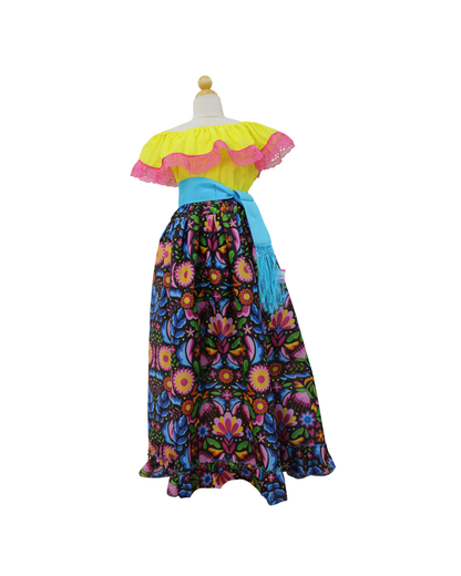 SET FALDA ADELITA FLORES BLUSA CAMPESINA AMARILLO ENCAJE ROSA