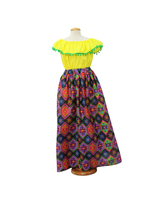 SET FALDA ADELITA CUADROS BLUSA CAMPESINA AMARILLO ENCAJE VERDE
