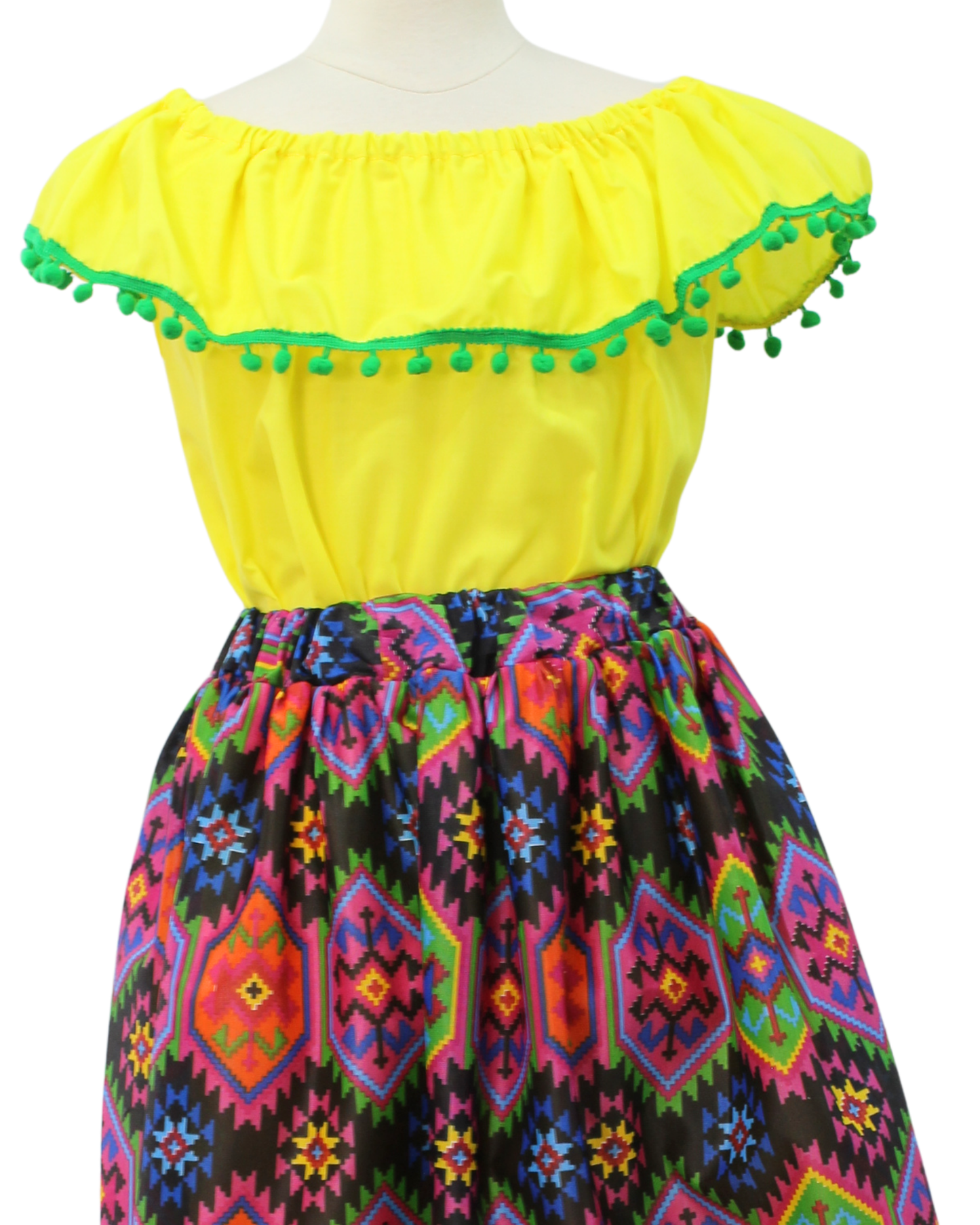 SET FALDA ADELITA CUADROS BLUSA CAMPESINA AMARILLO ENCAJE VERDE