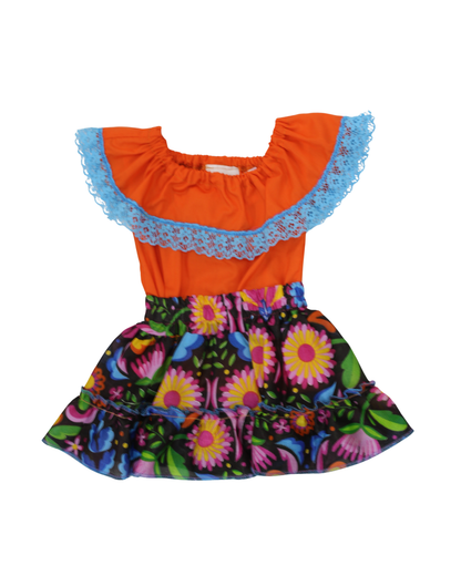 SET PATRIO TUTU CON BLUSA CAMPESINA NARANJA ENCAJE AZUL, FALDA FLORES