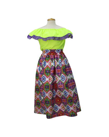 SET FALDA ADELITA GEOMETRIA   BLUSA MANGA CAMPESINA ENCAJE MORADO