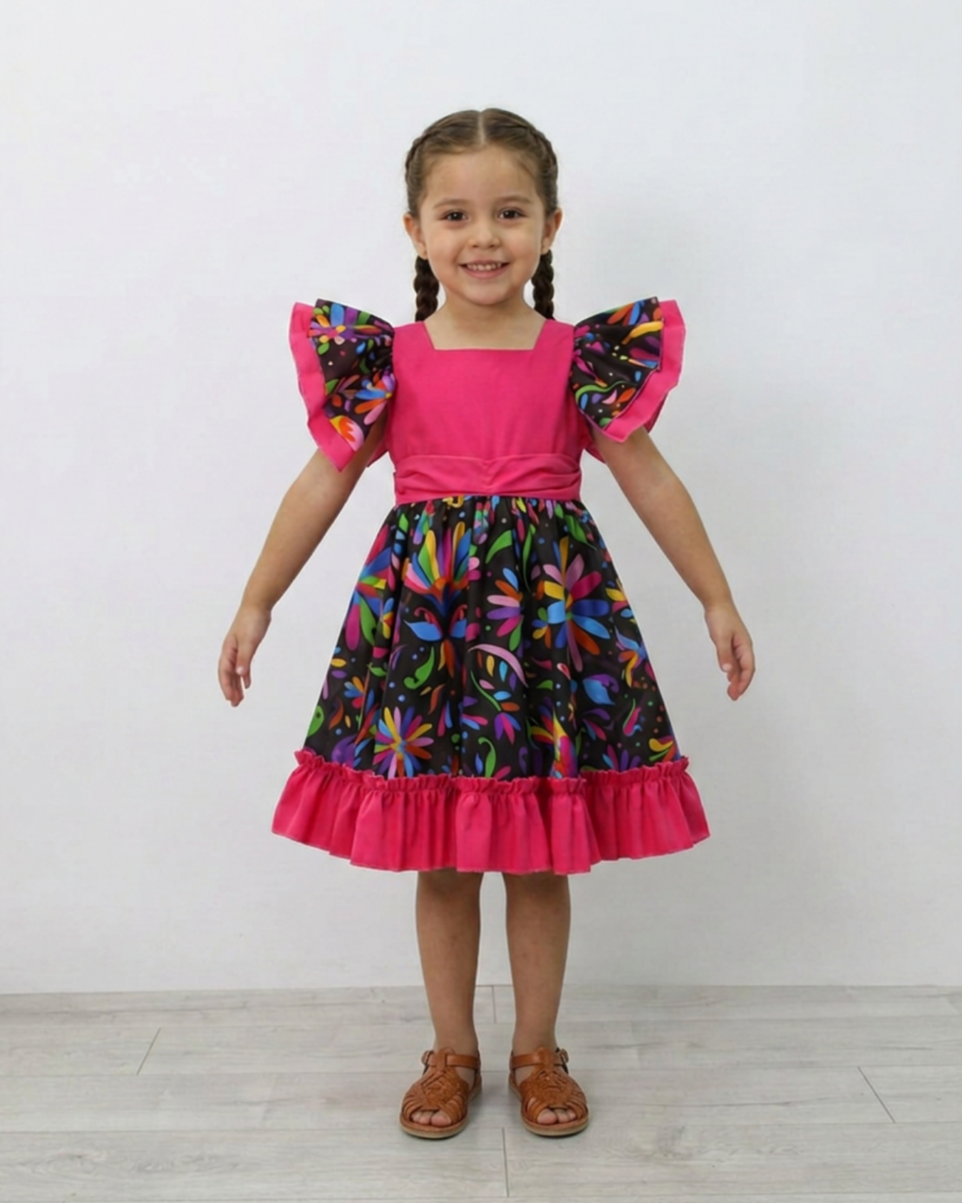 VESTIDO ADELITA TIPICO PATRIO ELEGANTE PETO ROSA MEXICANO FAALDA FLORES NEGRA