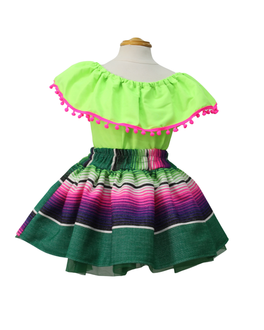 SET PATRIO TUTU CON BLUSA CAMPESINA NEON POMPON ROSA, FALDA RAYAS SALTILLO