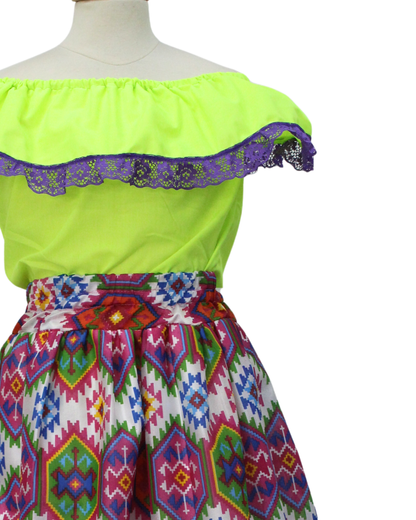 SET FALDA ADELITA GEOMETRIA   BLUSA MANGA CAMPESINA ENCAJE MORADO