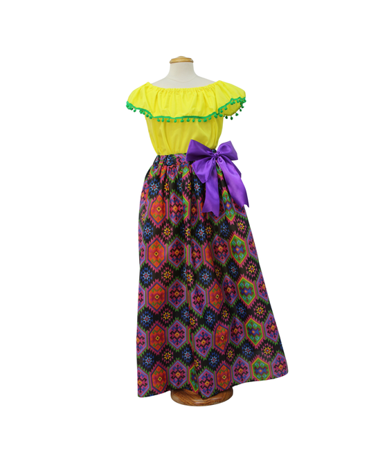 SET FALDA ADELITA CUADROS BLUSA CAMPESINA AMARILLO ENCAJE VERDE