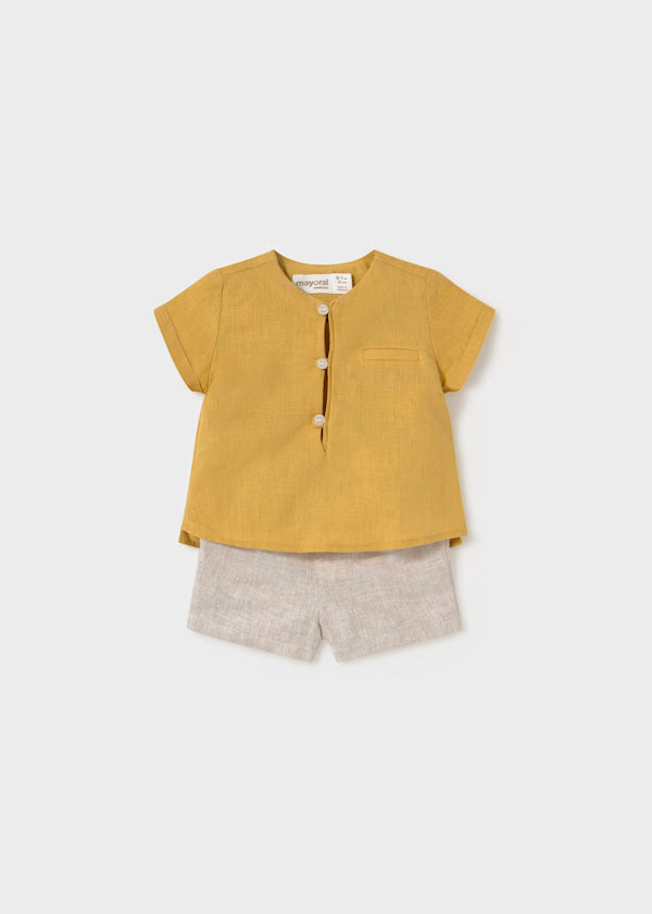 Conjunto short y camisa con lino, girasol. recién nacido