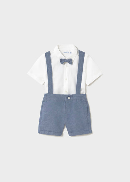 Conjunto bermuda azul marino y camisa con corbatín bebé