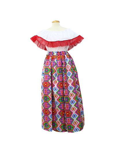 SET FALDA ADELITA CUADROS BLUSA CAMPESINA BLANCA ENCAJE ROJO