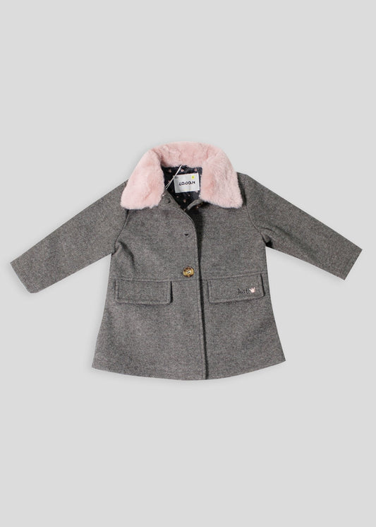 abrigo color gris, cuello peluche rosa desprendible, marca losan