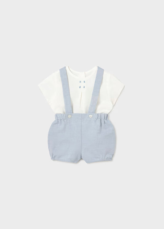 Conjunto pantalón azul aqua corto tirantes y camisa recién nacido