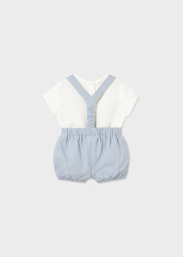 Conjunto pantalón azul aqua corto tirantes y camisa recién nacido