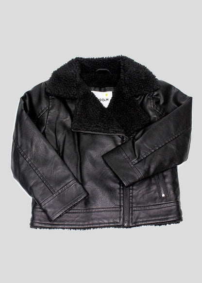 chamarra piel sintetica, forro interior y cuello peluche, marca losan