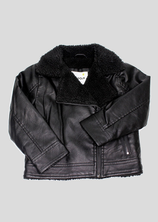 chamarra piel sintetica, forro interior y cuello peluche, marca losan
