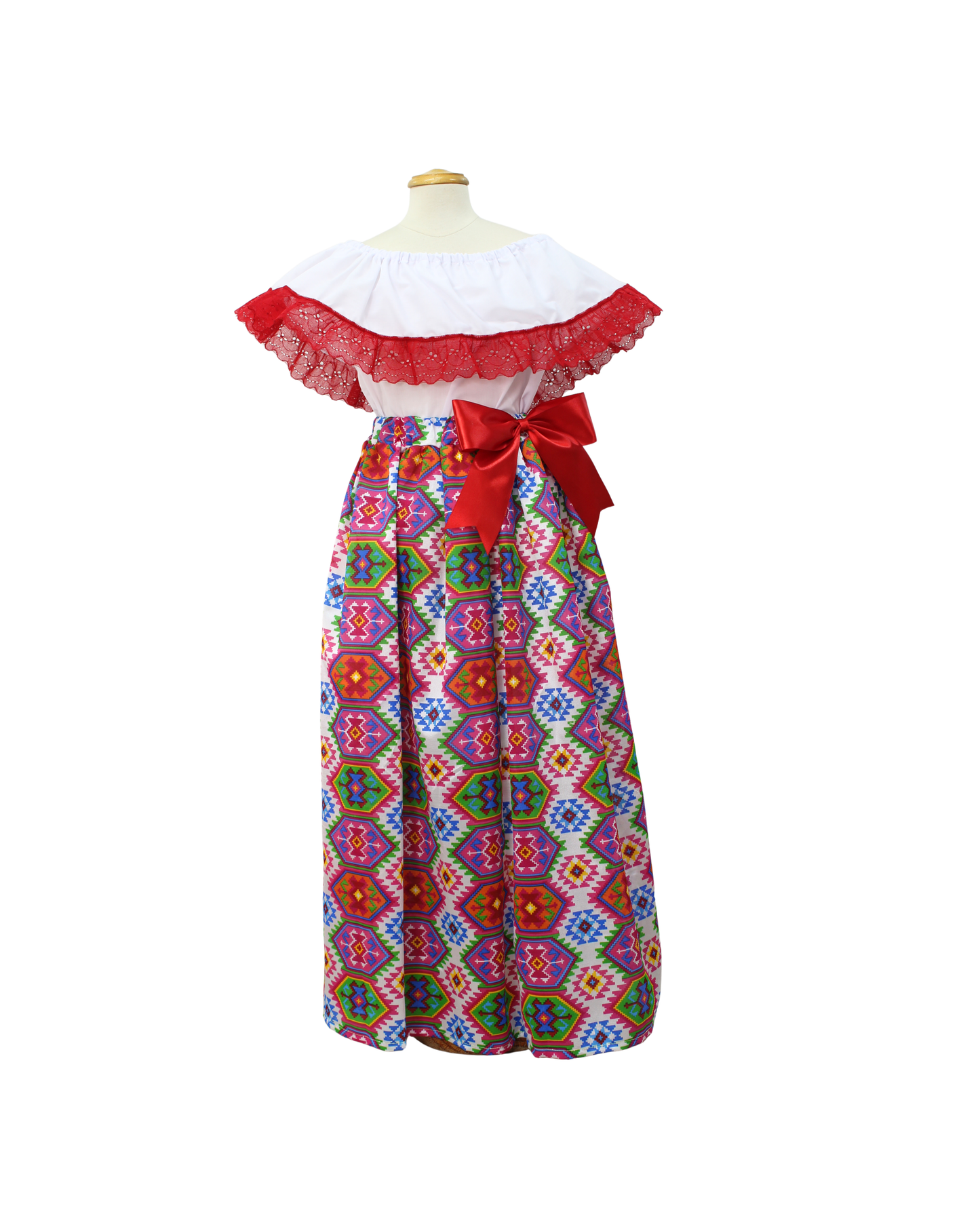 SET FALDA ADELITA CUADROS BLUSA CAMPESINA BLANCA ENCAJE ROJO