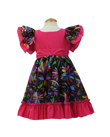 VESTIDO ADELITA TIPICO PATRIO ELEGANTE PETO ROSA MEXICANO FAALDA FLORES NEGRA