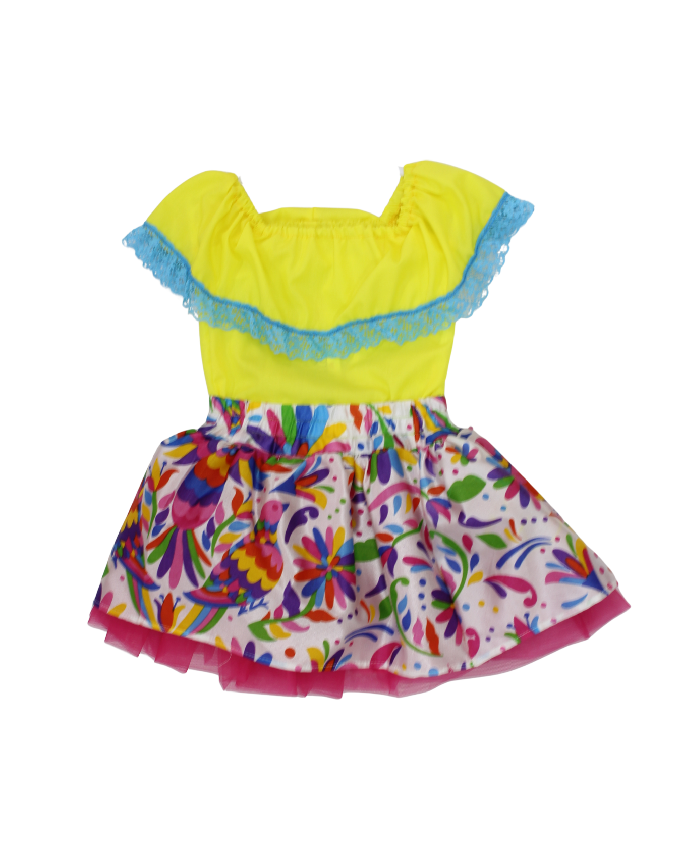 SET PATRIO TUTU CON BLUSA CAMPESINA AMARILLO ENCAJE AZUL, FALDA BLANCA PAJAROS