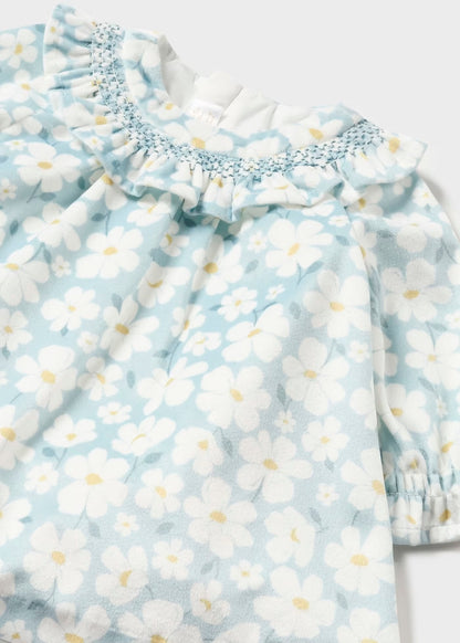 vestido nieve azul, flores blancas, mayoral