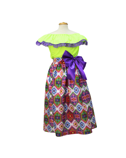 SET FALDA ADELITA GEOMETRIA   BLUSA MANGA CAMPESINA ENCAJE MORADO