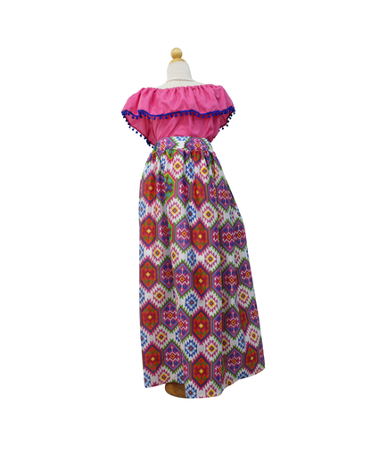 SET FALDA ADELITA CUADROS BLUSA CAMPESINA ROSA POMPON MARINO