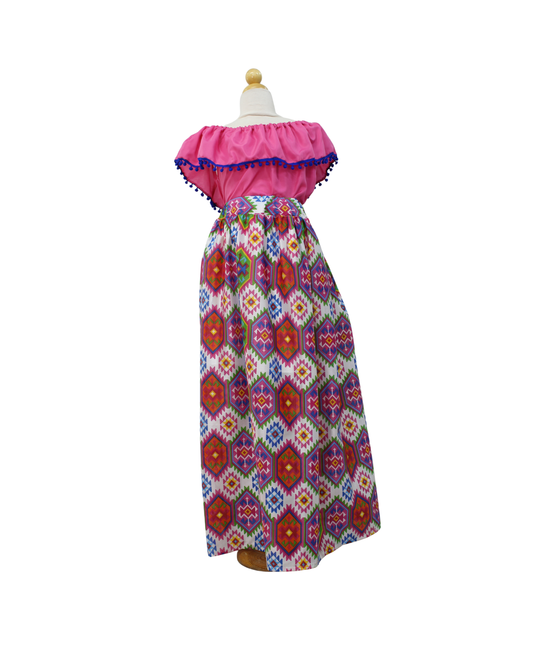 SET FALDA ADELITA CUADROS BLUSA CAMPESINA ROSA POMPON MARINO