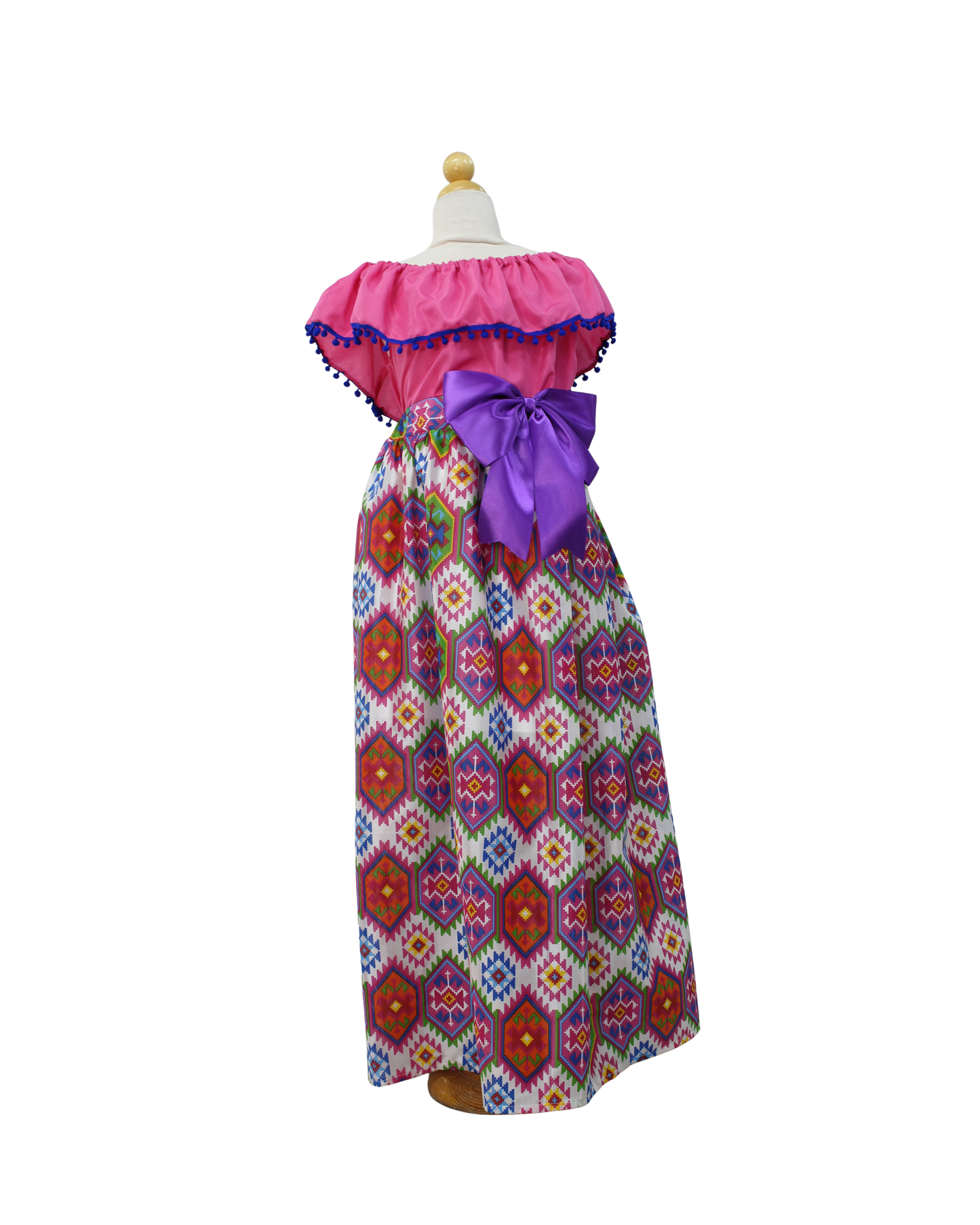 SET FALDA ADELITA CUADROS BLUSA CAMPESINA ROSA POMPON MARINO