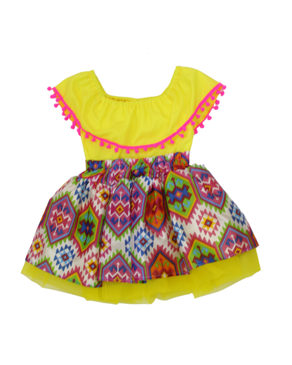 SET PATRIO TUTU CON BLUSA CAMPESINA AMARILLO POMPON ROSA, FALDA BLANCA GEOMETRIA