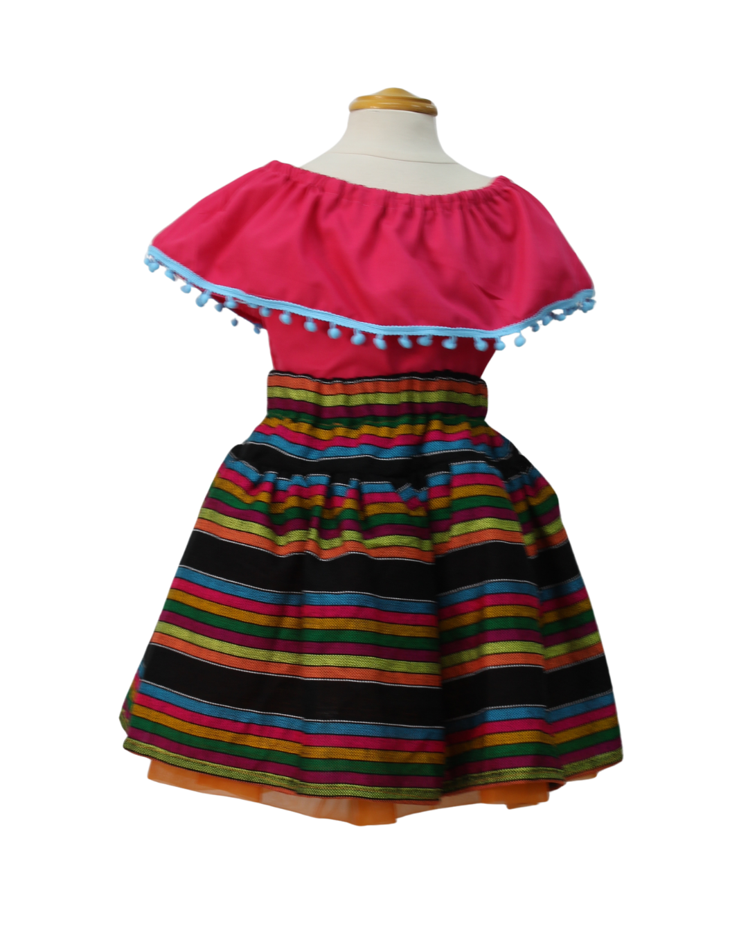 SET PATRIO TUTU CON BLUSA CAMPESINA ROSA POMPON AZUL, FALDA RAYAS CAMBAYA