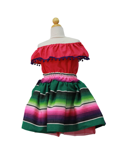 SET PATRIO TUTU CON BLUSA CAMPESINA ROSA POMPON MORADO, FALDA RAYAS