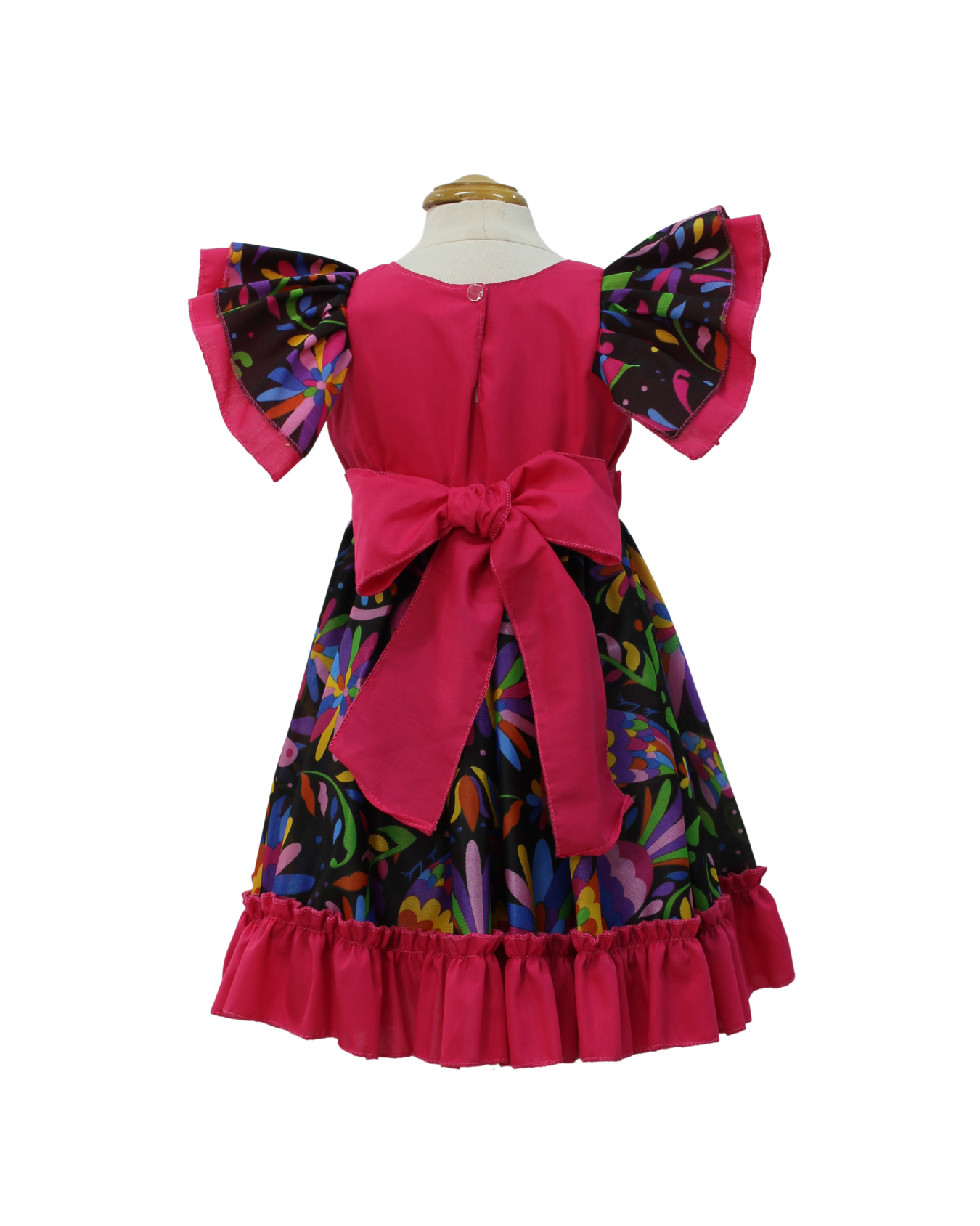 VESTIDO ADELITA TIPICO PATRIO ELEGANTE PETO ROSA MEXICANO FAALDA FLORES NEGRA