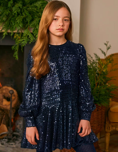 vestido lentejuela color marino, manga larga