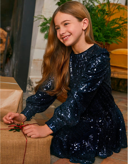 vestido lentejuela color marino, manga larga