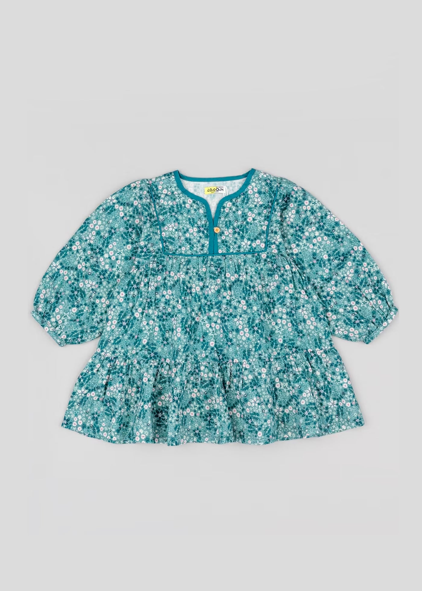 Vestido manga larga color verde turquesa flores