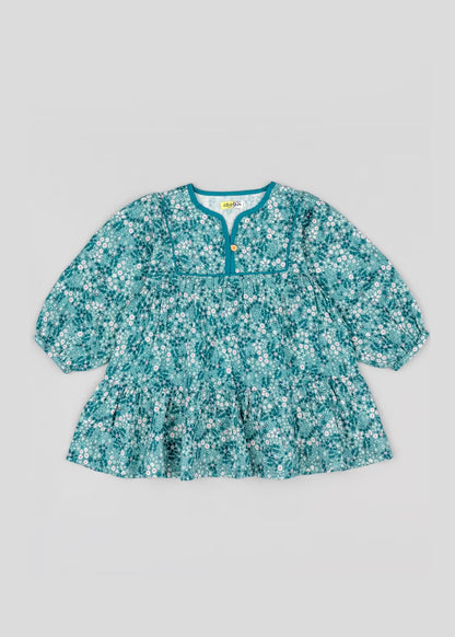 Vestido manga larga color verde turquesa flores