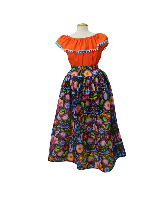 SET FALDA ADELITA COLORES BLUSA CAMPESINA NARANJA POMPON AZUL