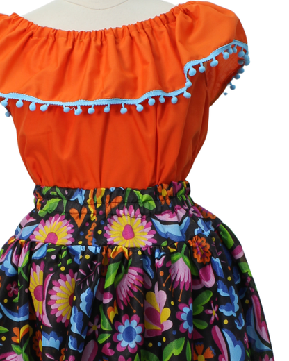 SET FALDA ADELITA COLORES BLUSA CAMPESINA NARANJA POMPON AZUL