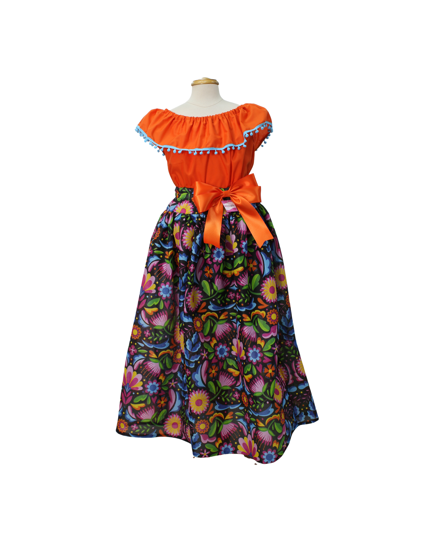 SET FALDA ADELITA COLORES BLUSA CAMPESINA NARANJA POMPON AZUL