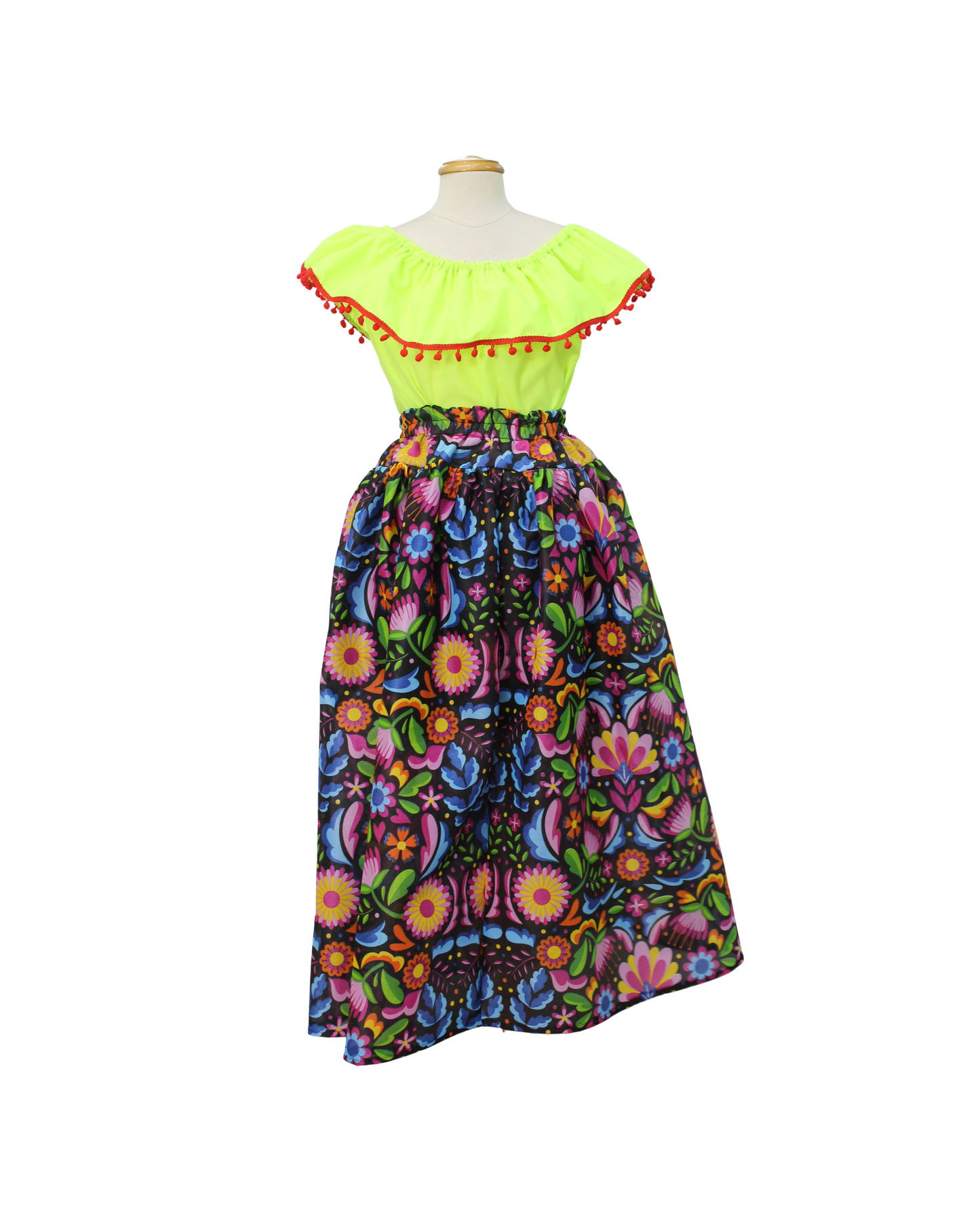 SET FALDA ADELITA COLORES BLUSA CAMPESINA VERDE NEON POMPON  ROJO