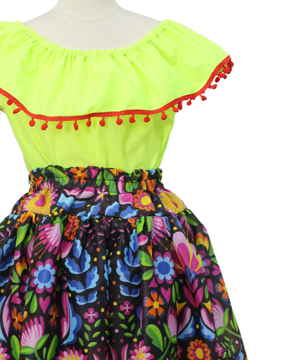 SET FALDA ADELITA COLORES BLUSA CAMPESINA VERDE NEON POMPON  ROJO