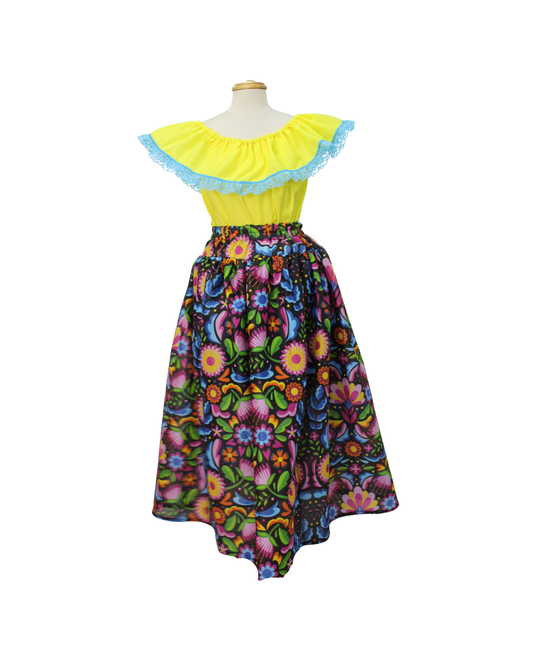 SET FALDA ADELITA COLORES BLUSA CAMPESINA AMARILLO ENCAJE AZUL