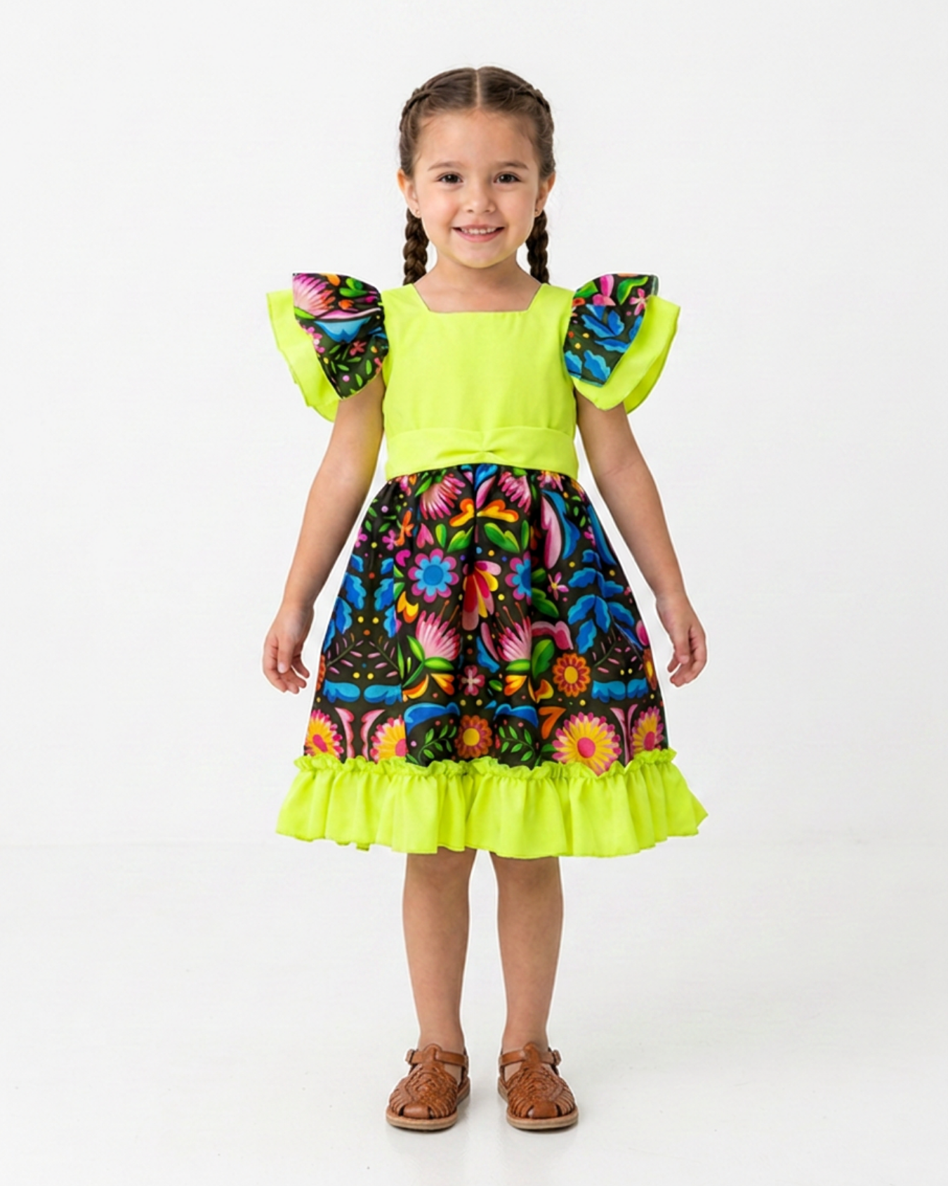 VESTIDO ADELITA TIPICO PATRIO ELEGANTE PETO AMARILLO NEON  FALDA FLORES NEGRAS