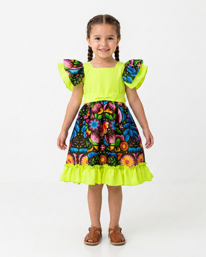 VESTIDO ADELITA TIPICO PATRIO ELEGANTE PETO AMARILLO NEON  FALDA FLORES NEGRAS