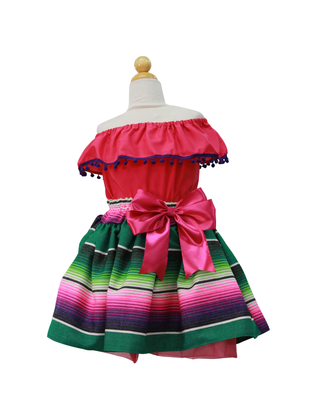 SET PATRIO TUTU CON BLUSA CAMPESINA ROSA POMPON MORADO, FALDA RAYAS