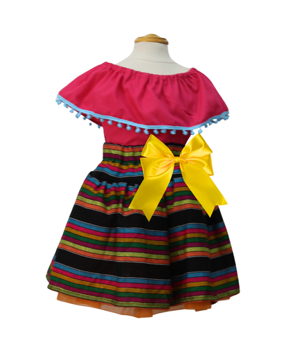 SET PATRIO TUTU CON BLUSA CAMPESINA ROSA POMPON AZUL, FALDA RAYAS CAMBAYA