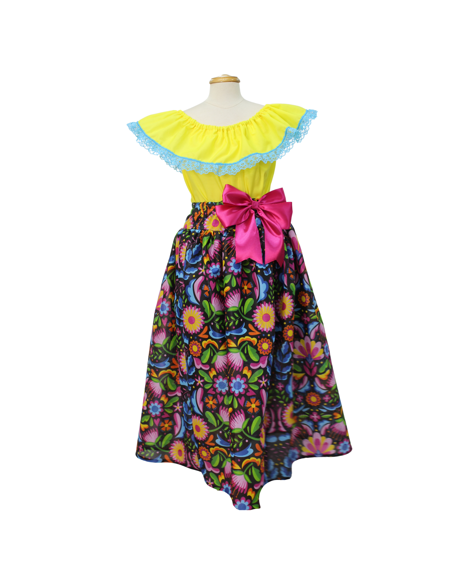 SET FALDA ADELITA COLORES BLUSA CAMPESINA AMARILLO ENCAJE AZUL