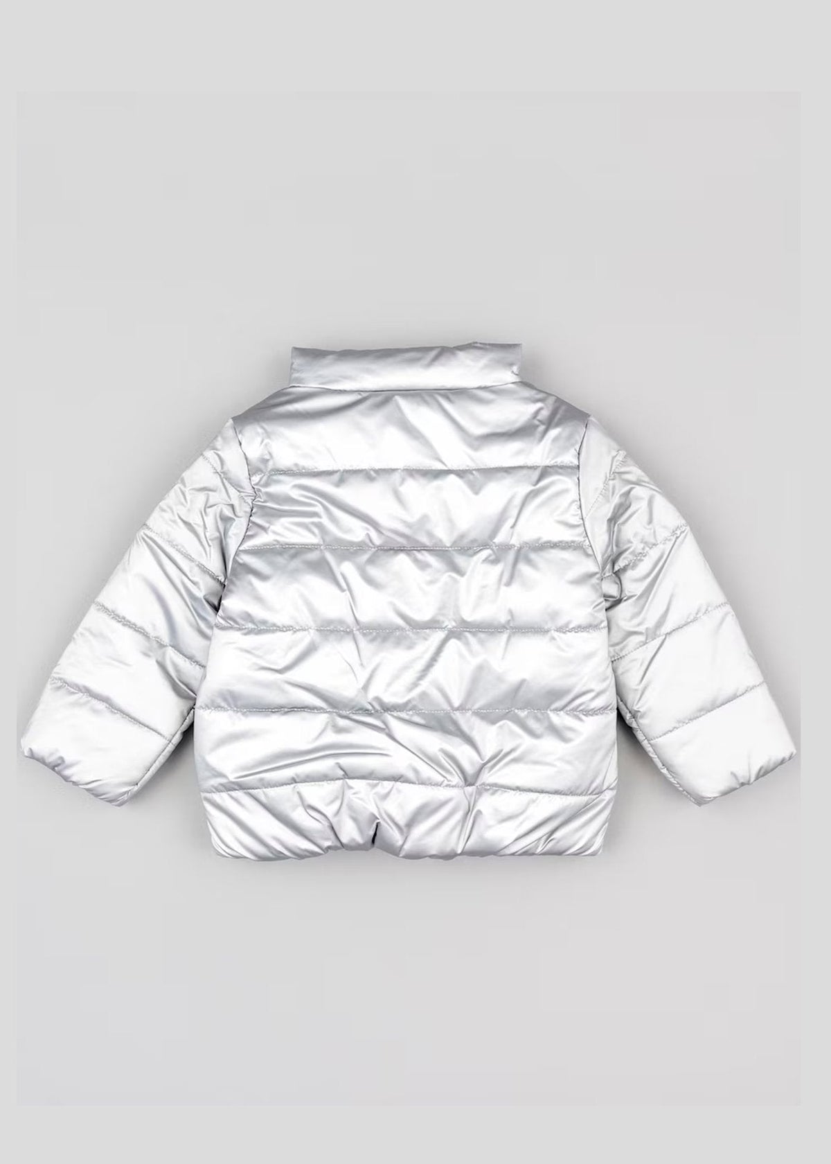 chamarra acolchada color plata, zipper rosa pastel, marca losan