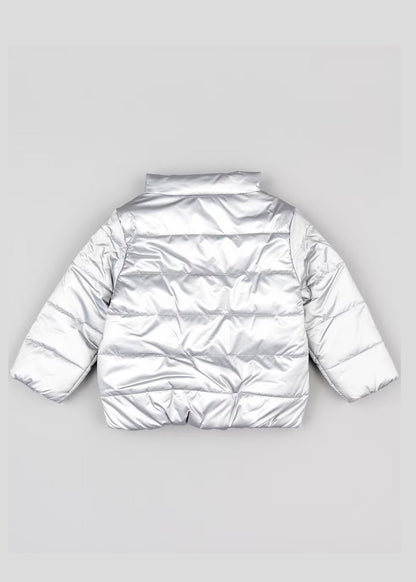 chamarra acolchada color plata, zipper rosa pastel, marca losan