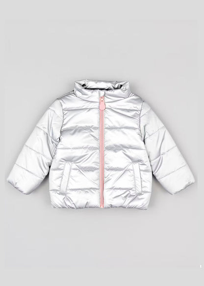 chamarra acolchada color plata, zipper rosa pastel, marca losan