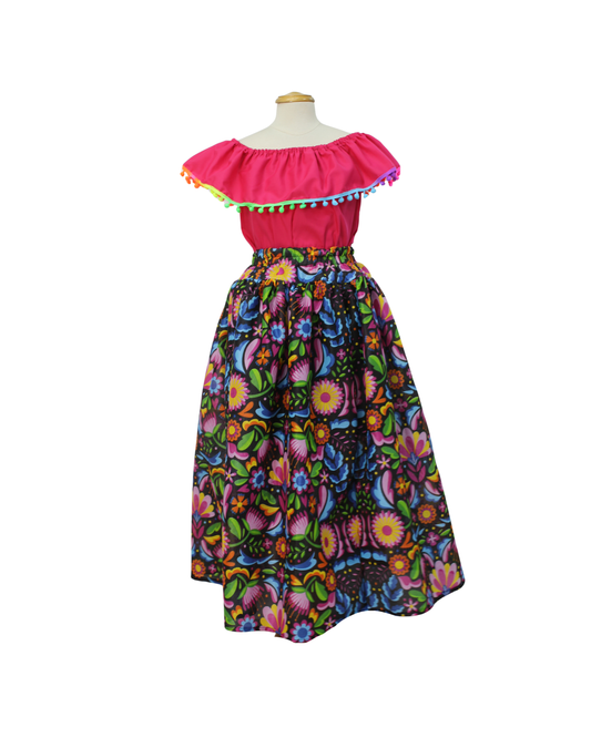 SET FALDA ADELITA COLORES BLUSA CAMPESINA ROSA POMPON ARCOIRIS